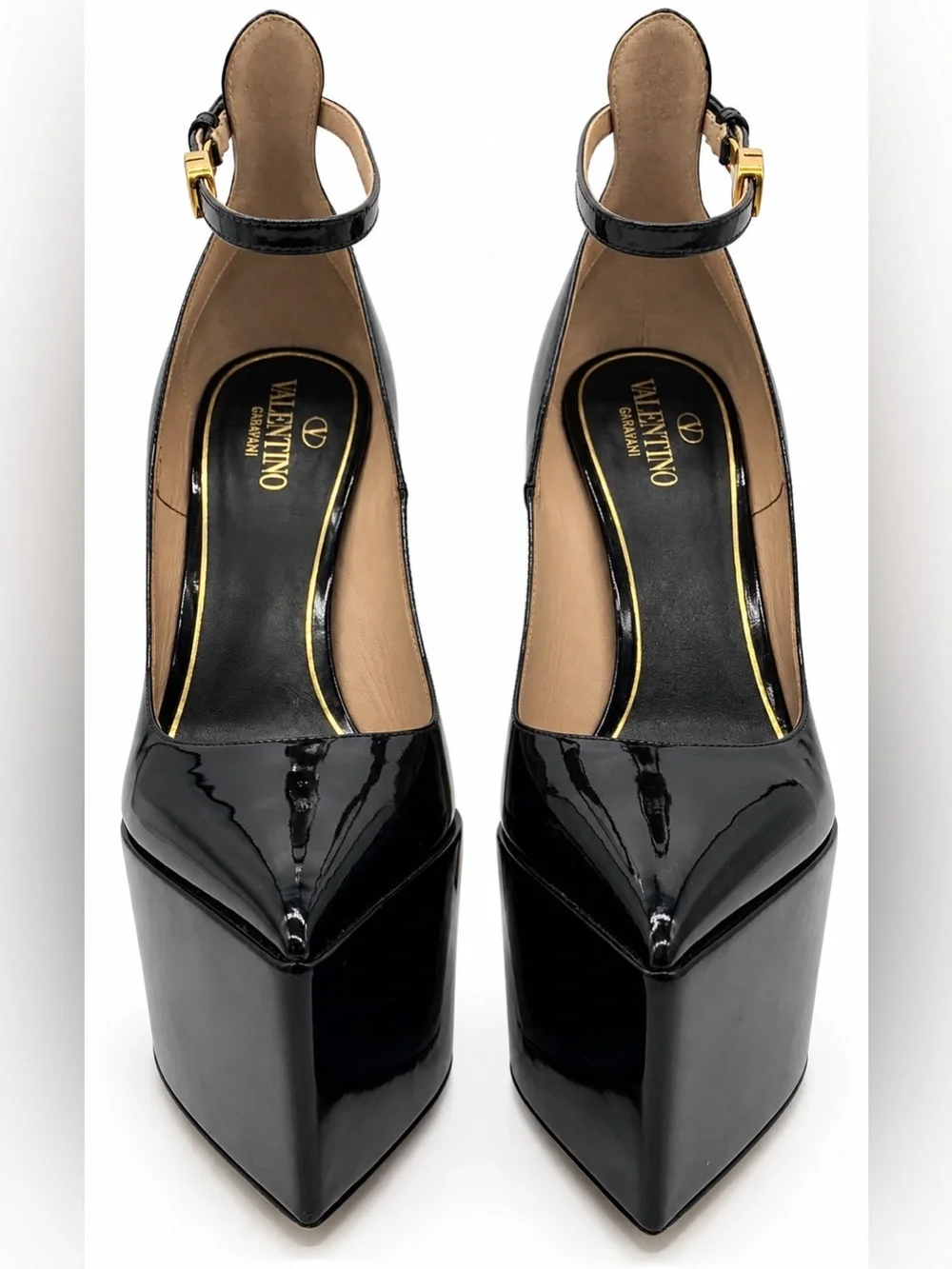 Valentino Black Patent Platform Pumps with Gold Logo Strap